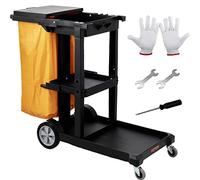 VEVOR Chariot de Ménage Professionnel 3 Niveaux Chariot de Nettoyage en PP avec Sac et Couvercle Chariot d'Entretien Charge 90,7 kg Déplacement Fluide Range Outil d’Entretien Lavage Bureau Hôtel Noir