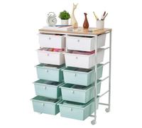 VEVOR Chariot de Rangement à 10 Tiroirs roulettes Plateau en Bois Bleu | Tiroirs PP Double Rangée, Cadre en Acier, pour Bureau, Salle de Classe, Loisirs Créatifs, Roulettes Pivotantes 2 avec Frein