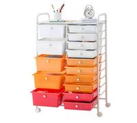 VEVOR Chariot de Rangement à 15 Tiroirs Multicolores en PP avec Roulettes, Double Rangée, Cadre en Acier, pour Bureau, Salle de Classe, Loisirs Créatifs et Atelier, 4 Roulettes Pivotantes 2 avec Frein