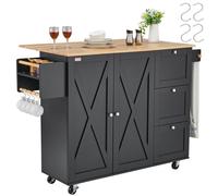 VEVOR Chariot d'îlot de cuisine, 1150 mm, desserte de cuisine mobile de dessus en bois avec armoire de rangement, abattant, support à épices, barre à serviette, étagère réglable, tiroir, crochet, noir