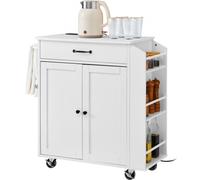 VEVOR Chariot d'îlot de cuisine, 66 cm, desserte de cuisine mobile avec armoire de rangement, table avec prise de courant, support à épices, barre à serviettes, étagère réglable, pour salon, blanc