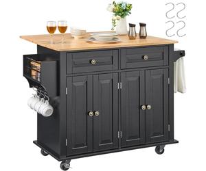 VEVOR Chariot d'îlot de cuisine, 90 cm, desserte de cuisine mobile de dessus en bois avec armoire de rangement, abattant, support à épices, barre à serviettes, étagère réglable, tiroir, crochets, noir