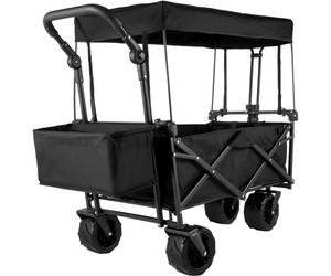 VEVOR Chariot Pliable avec Toit Chariot Portable Pliée 98,5x54,3x98,5 cm Cadre Acier de Grandes Roues 360° Panier de Rangement 2 Sacs en Filet Transport pour Plage Pique-Nique Camping Barbecue Noir