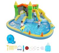 VEVOR Château Gonflable, Aire de Jeux Gonflable avec Souffleur, Deux Toboggans Aquatiques, Piscine, Grande Zone de Saut, Panier de Basket, Canon à Eau, pour 3 à 4 Enfants de 3 à 8 Ans, 382x398x197 cm