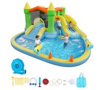 VEVOR Château Gonflable, Aire de Jeux Gonflable avec Souffleur, Deux Toboggans Aquatiques, Piscine, Grande Zone de Saut, Panier de Basket, Canon à Eau, pour 3 à 4 Enfants de 3 à 8 Ans, 382x398x197 cm
