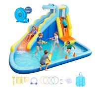 VEVOR Château Gonflable, Aire de Jeux Gonflable Extérieur avec Souffleur, Toboggan Aquatique, Lancer d'Anneaux, Piscine, Canon à Eau, pour 3 à 4 Enfants de 3 à 8 Ans, Thème Crocodile, 353x400x235 cm