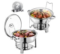 VEVOR Chauffe-Plat 2PCs 4,7 L, Buffet Chauffant Rond, Réchaud en Acier Inoxydable, avec 2 Bacs Pleine Grandeur, Couvercle en Verre, pour Buffet Libre-Service Banquet Hôtel Traiteur Restauration