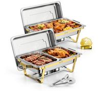 VEVOR Chauffe Plat 2PCs 8,5 L Buffet Chauffant Inox 3 Bacs Interchangeables, pour Hôtel Mariage Restauration Traiteur CHR, Réchaud Rectangulaire, Chafing Dish Cadre Pliable, Kit Complet avec Pince