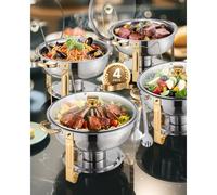 VEVOR Chauffe-Plat 4PCs 4,6 L, Buffet Chauffant Rond, Réchaud en Acier Inoxydable, avec 4 Bacs Pleine Grandeur et Couvercle en Verre, pour Buffet Libre-Service Hôtel Traiteur Restauration, Doré