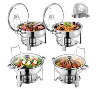 VEVOR Chauffe-Plat 4PCs 4,7 L, Buffet Chauffant Rond, Réchaud en Acier Inoxydable, avec 4 Bacs Pleine Grandeur et Couvercle en Verre, pour Buffet Libre-Service Hôtel Traiteur Restauration, Argenté
