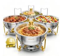 VEVOR Chauffe Plat 4PCs 5,7 L, Buffet Chauffant en Inox, Réchaud Rond, pour Hôtel Mariage Restauration Traiteur CHR, Kit Complet avec Couvercle en Verre, Chafing Dish 4 Récipients, Accessoires