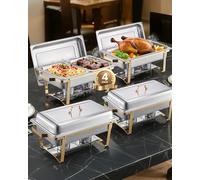 VEVOR Chauffe-Plat 4PCs 7,5 L, Buffet Chauffant Rectangulaire, Réchaud en INOX, avec 2 Bacs Pleine Taille, 6 Bacs Demi-Taille et Couvercle, pour Buffet Libre-Service Hôtel Traiteur Restauration, Doré