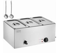 VEVOR Chauffe-Plat Buffet à 3 Bacs, Bain-Marie Électrique 16,5 L 1200 W, Buffet Chauffant en Acier Inoxydable, Température Réglable 30-85 °C, pour Réchauffer Les Aliments Restauration Soirée Fête