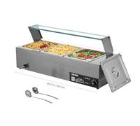 VEVOR Chauffe-Plat Électrique à Vapeur 1500 W, Buffet Chauffant en INOX, Bain-Marie avec 3 Bacs, Couvercle en Verre et Louches à Soupe et Perforées, pour Servir Buffet en Libre-Service Restauration