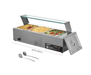 VEVOR Chauffe-Plat Électrique à Vapeur 1500 W, Buffet Chauffant en Inox, Bain-marie avec 3 Bacs, Couvercle en Verre et Louches à Soupe et Perforées, pour Servir Buffet en Libre-Service Restauration