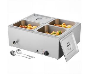 VEVOR Chauffe-Plat Électrique à Vapeur 1500 W, Buffet Chauffant en Inox, Bain-marie avec 4 Bacs de 1/2, Couvercle et Louches à Soupe et Perforées, pour Servir Buffet en Libre-Service Restauration