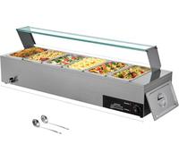 VEVOR Chauffe-Plat Électrique à Vapeur 1500 W, Buffet Chauffant en INOX, Bain-Marie avec 6 Bacs de 1/3, Couvercle en Verre et Louches à Soupe et Perforées, pour Servir Buffet en Libre-Service