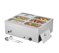 VEVOR Chauffe-Plat Électrique à Vapeur 1500 W, Buffet Chauffant en INOX, Bain-Marie avec 6 Bacs de 1/3, Couvercle et Louches à Soupe et Perforées, pour Servir Buffet en Libre-Service Restauration