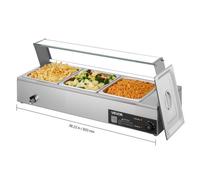 VEVOR Chauffe-plat Électrique à Vapeur 1500 W, Buffet Chauffant en Inox, Bain-marie de Comptoir, avec 3 Bacs Gastros de 1/2 et Capot en Verre, pour Servir Buffet en Libre-Service Restauration