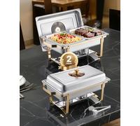VEVOR Chauffe-Plat Rectangulaire 2PCs 4 L, Buffet Chauffant avec 4 Bacs Demie Taille, Réchaud en Acier Inoxydable avec Couvercle en Verre, pour Buffet Libre-Service Hôtel Traiteur Restauration, Doré
