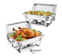 VEVOR Chauffe-Plat Rectangulaire 2PCs 8,6 L, Buffet Chauffant à Combustible en INOX, avec Couvercle, Poignée Creuse, 1 Pince à Aliments et Porte-Combustible, Réchaud pour Banquet Fête Mariage
