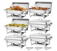 VEVOR Chauffe-Plat Rectangulaire 6PCs 8,6 L, Buffet Chauffant à Combustible en Inox, avec Couvercle, Poignée Creuse, 3 Pinces à Aliments et Porte-combustible, Réchaud pour Banquet Fête Mariage