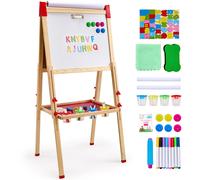 VEVOR Chevalet d'Art Enfants 3-en-1 Tableau Magnétique Blanc Noir Double Face, Planche à Dessin Bois Debout Réglable avec Accessoires, Support de Rouleau de Papier, pour Créativité, Garçons, Filles