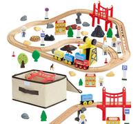 VEVOR Circuit de Train Bois Enfants 3-8 Ans Ensemble Rails de Train Bois 70 PCS Jouet pour Noël Anniversaire Garçons Filles, avec Grue Magnétique, Compatible avec Grandes Marques, Chantier Transport
