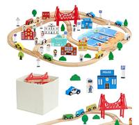 VEVOR Circuit de Train Bois Enfants 3-8 Ans Ensemble Rails de Train en Bois 113 PCS Jouet pour Noël Anniversaire Petits Garçons Filles, Compatible avec Grandes Marques, avec Boîte de Rangement, Ville