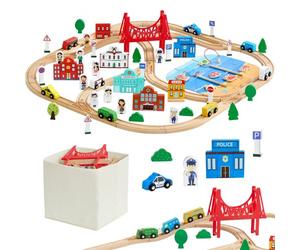 VEVOR Circuit de Train Bois Enfants 3-8 Ans Ensemble Rails de Train en Bois 113 PCS Jouet pour Noël Anniversaire Petits Garçons Filles, Compatible avec Grandes Marques, avec Boîte de Rangement, Ville