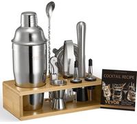 VEVOR Cocktail Shaker Set, Set de 10 outils de bar en acier inoxydable avec support en bambou, Martini-Barkeeper-Set| Cuillère de mixage Poussoir Gobelet gradué Passoire Verseur d'alcool Pince à glace