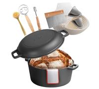 VEVOR Cocotte en fonte 2 en 1, marmite pré-assaisonnée avec couvercle et poignées, 4,73 L, diamètre 26 cm, avec panier de fermentation et accessoires de cuisson du pain, pour four à pain 260 °C, noir
