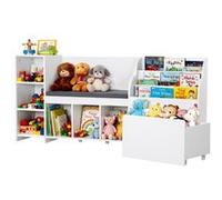 VEVOR Banc de rangement pour enfants 170 x 40 x 80 cm, bibliothèque en bois avec rangement de jouets, banc de lecture avec dossier, grand coffre à jouets pour salle de jeux, salon ou entrée, blanc