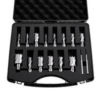 VEVOR Coffret de Fraises Annulaires HSS, 16 Pièces, Fraises à Carotter pour Perceuse Magnétique, Queue Weldon, Profondeur de Coupe 25,4 mm, Diamètre 11,11 à 34,92 mm, dont 2 Goupilles Pilotes