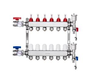 VEVOR Collecteur de Chauffage Radiant 6 Branches, Kit Collecteur Tubes PEX 1,27 cm en Acier Inoxydable, avec Adaptateurs 1,27 cm, Accessoires de Montage, pour Chaleur Radiante Hydronique par le Sol