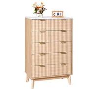 VEVOR Commode à 5 tiroirs cannelés, meuble de rangement en bois avec système coulissant et anti-basculement, style minimaliste moderne, organisateur pour salon, couloir, chambre, entrée, bois clair