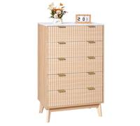 VEVOR Commode à 5 tiroirs cannelés, meuble de rangement en bois avec système coulissant et anti-basculement, style minimaliste moderne, organisateur pour salon, couloir, chambre, entrée, bois clair