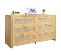 VEVOR Commode en rotin 6 tiroirs, meuble de rangement avec poignées en métal, organisateur de vêtements et rangement bohème en bois, armoire pour chambre, salon, couloir, entrée, couleur bois naturel