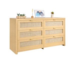 VEVOR Commode en rotin 6 tiroirs, meuble de rangement avec poignées en métal, organisateur de vêtements et rangement bohème en bois, armoire pour chambre, salon, couloir, entrée, couleur bois naturel