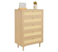 VEVOR Commode en rotin à 5 tiroirs, meuble de rangement avec poignées en métal et pieds en bois, organisateur de vêtements et rangement bohème en bois, armoire pour chambre à coucher, salon ou couloir