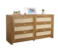 VEVOR Commode en rotin à 6 tiroirs, meuble de rangement avec poignées en métal, organisateur de vêtements et rangement bohème en bois, armoire pour chambre à coucher, salon ou couloir, couleur noyer