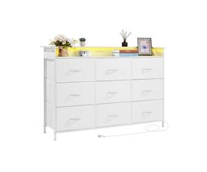 VEVOR Commode haute en tissu à 9 tiroirs, meuble de rangement avec bacs tissu, tiroir de rangement pour placard, cadre en métal robuste, lumières LED et prise intégrée, pour chambre, couloir, blanc