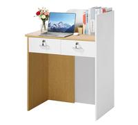 VEVOR Comptoir de Réception, 80 cm Bureau d'accueil avec Éclairage LED, Table de Caisse à 2 Tiroirs Verrouillables pour Bureau, Hall d'Entrée, Salon, Boutique, Meuble d'accueil Moderne, Blanc et Bois