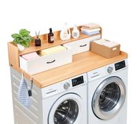 VEVOR Comptoir pour Lave Linge et Sèche Linge avec Étagère, Plan de Travail pour Machine à Laver 137x69,9 cm, pour Rangement Aménagement Buanderie, Plateau en Bois avec 2 Tiroirs et 2 Crochets