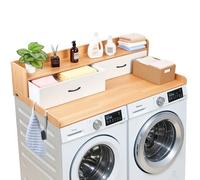 VEVOR Comptoir pour Lave Linge et Sèche Linge avec Étagère, Plan de Travail pour Machine à Laver 137x69,9 cm, pour Rangement Aménagement Buanderie, Plateau en Bois avec 2 Tiroirs et 2 Crochets