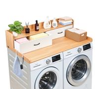 VEVOR Comptoir pour Lave Linge et Sèche Linge avec Étagère, Plan de Travail pour Machine à Laver 137x69,9 cm, pour Rangement Aménagement Buanderie, Plateau en Bois avec 2 Tiroirs et 2 Crochets