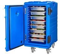 VEVOR Conteneur Isotherme pour Bac Gastronorme 120 L, Boîte de Transport Alimentaire Empilable, Chargement Frontal, Double Boucle, Poignées et Roulettes, Porte-plateaux pour Restauration Cantine, Bleu