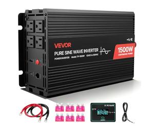 VEVOR Convertisseur Pur Sinus CC 12 V vers CA 230 V Onduleur Sinusoïdal Pur 1500 W, avec Télécommande Filaire, Port USB et Type-C, 2 Prises CA, pour Alimenter Appareils Camping, Camping-Car, Voiture