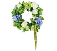 VEVOR Couronne décorative artificielle, 58,42 cm, couronne de fleurs artificielles, bleu blanc vert, décorée d'hortensias, roses, baies, vignes, pour toutes les saisons, pour maison, fenêtre, festival
