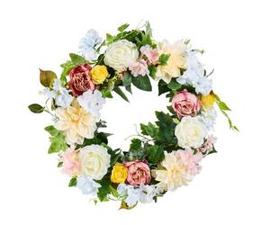 VEVOR Couronne décorative artificielle, 60,96 cm, couronne de fleurs artificielles, blanc rose jaune, décorée de pivoines, hortensias, pour toute l'année, décorations murales, pour maison, fenêtre